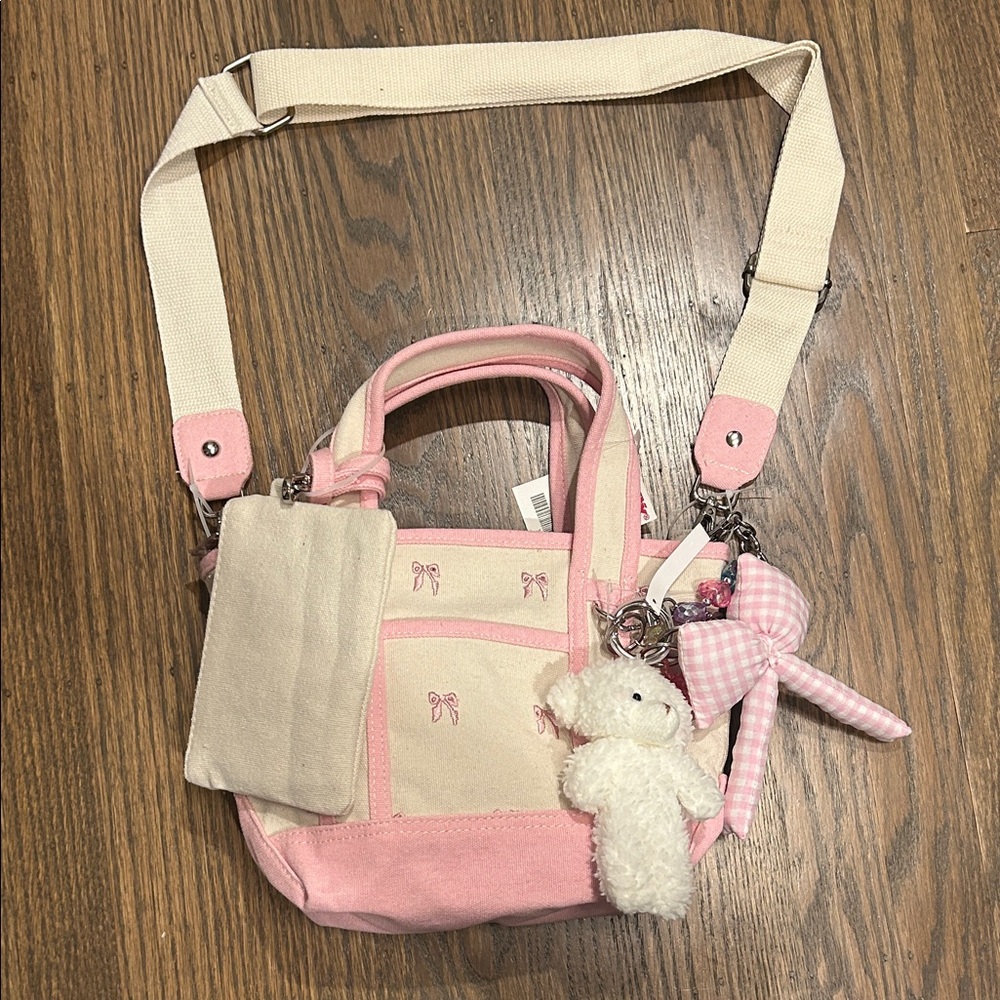 Madden Girl Pink Bow Tote with Charms— pink and cream